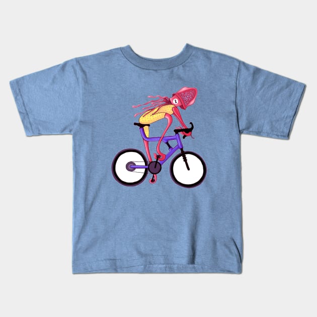 Mountain Biking Squid Kids T-Shirt by KikoeART